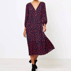 NWTS LOFT Navy Dress with Red Polka Dots Button Front, V-Neck, Short Sleeve SZ M